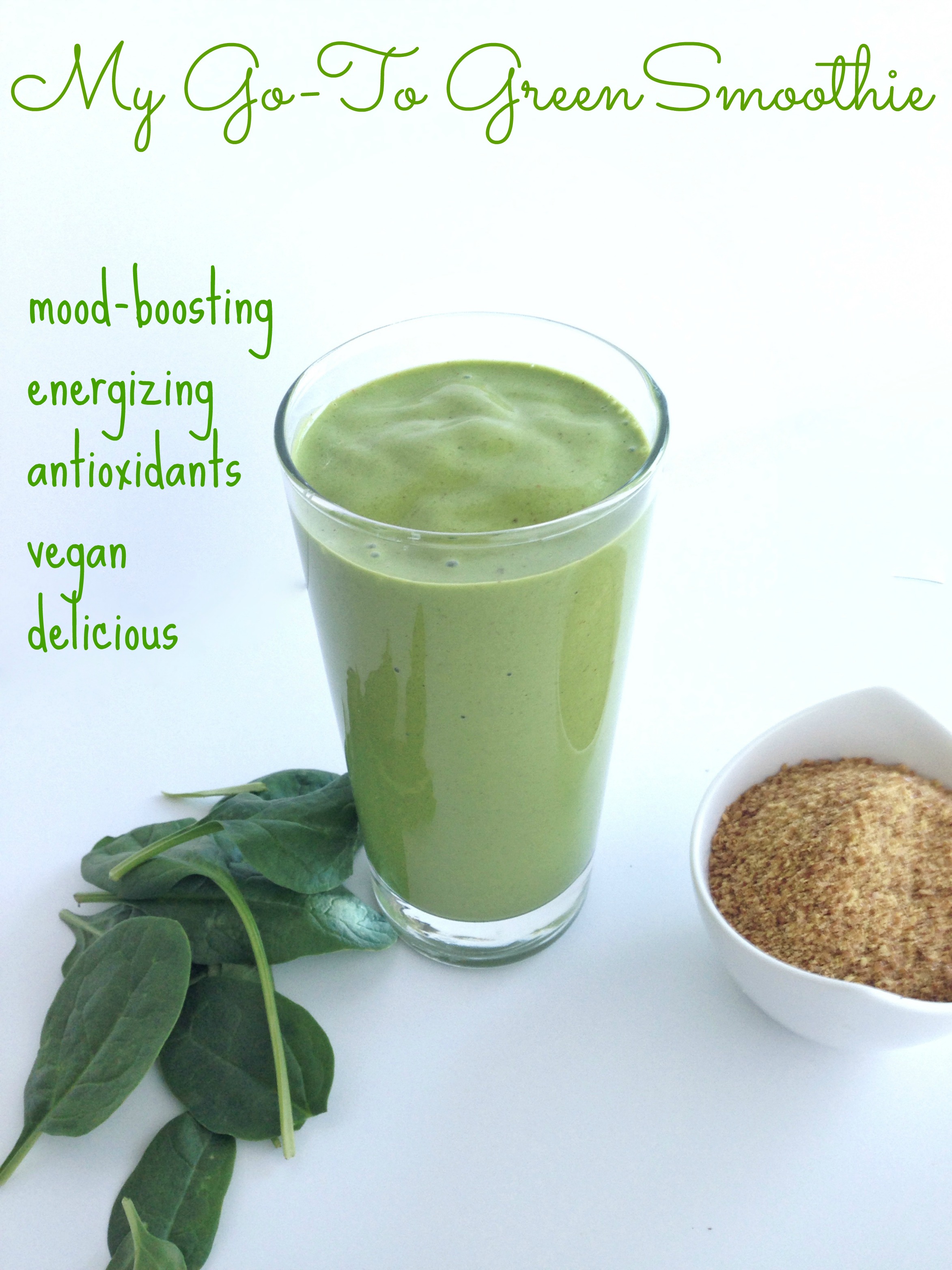 energizing mood-boosting green smoothie with maca flaxseed spinach banana and peanut butter