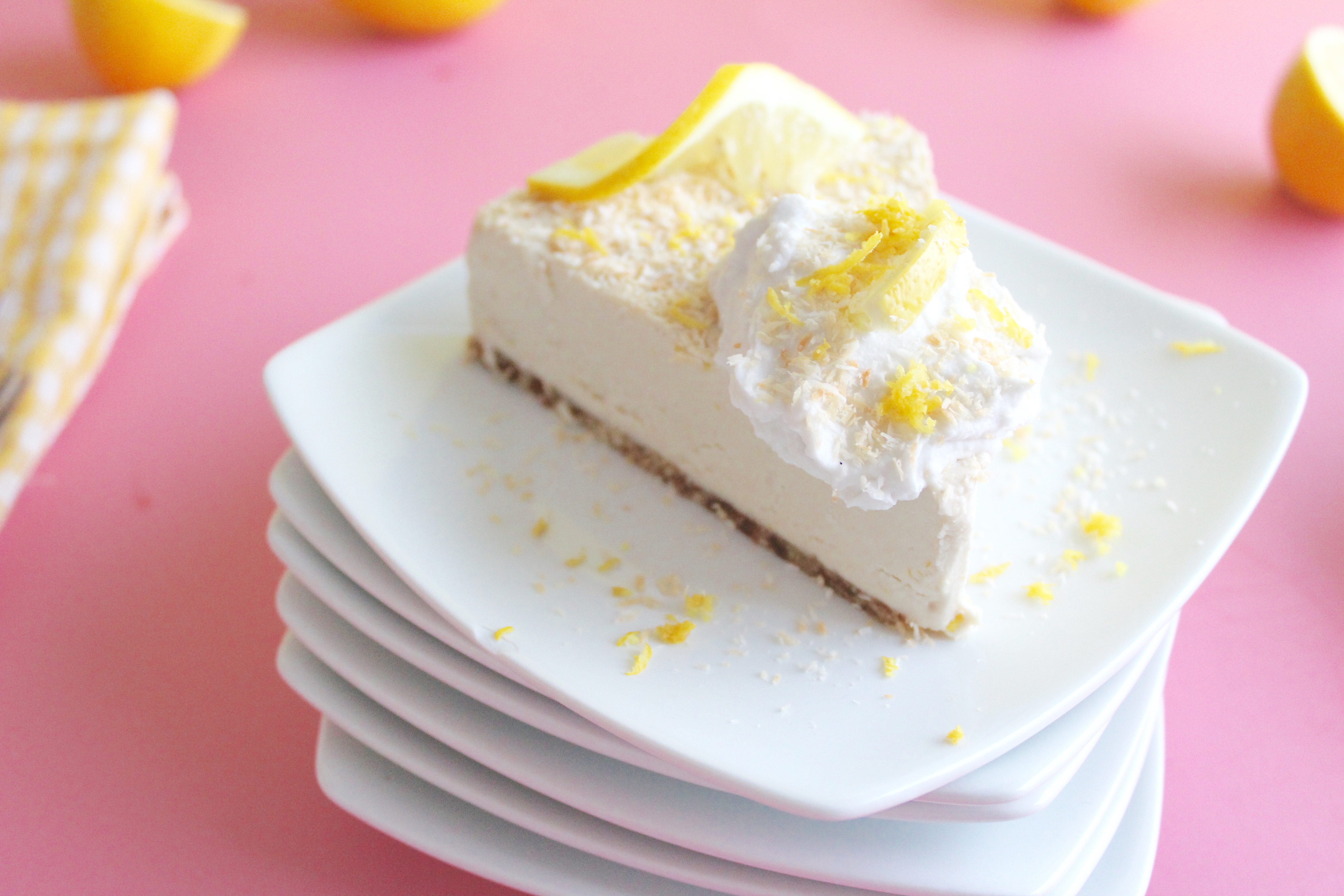 vegan, naturally sweetened lemon coconut cheesecake thats gluten free and dairy free