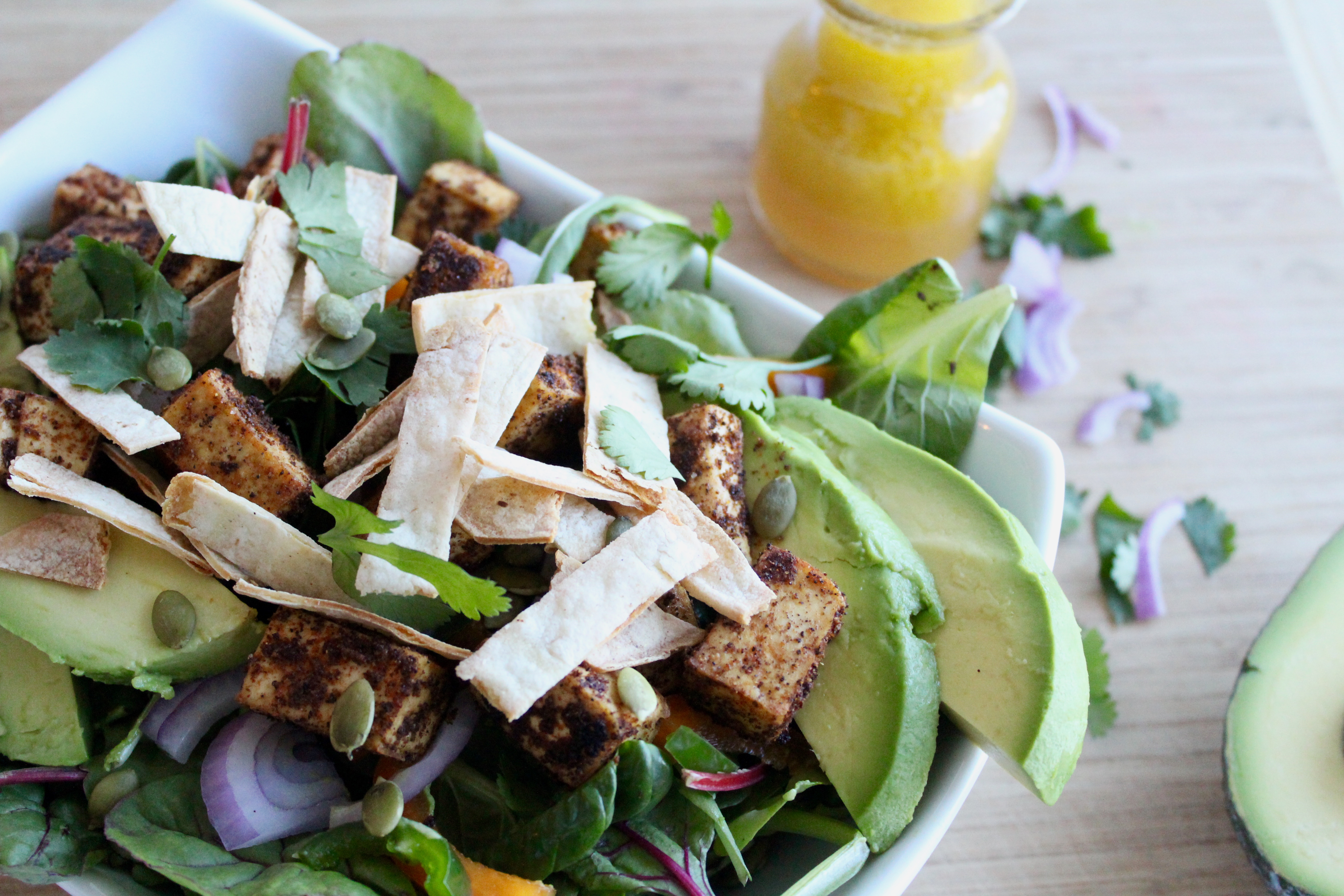 So fresh and tasty! Tofu Taco Salad with Honey Lime Vinaigrette