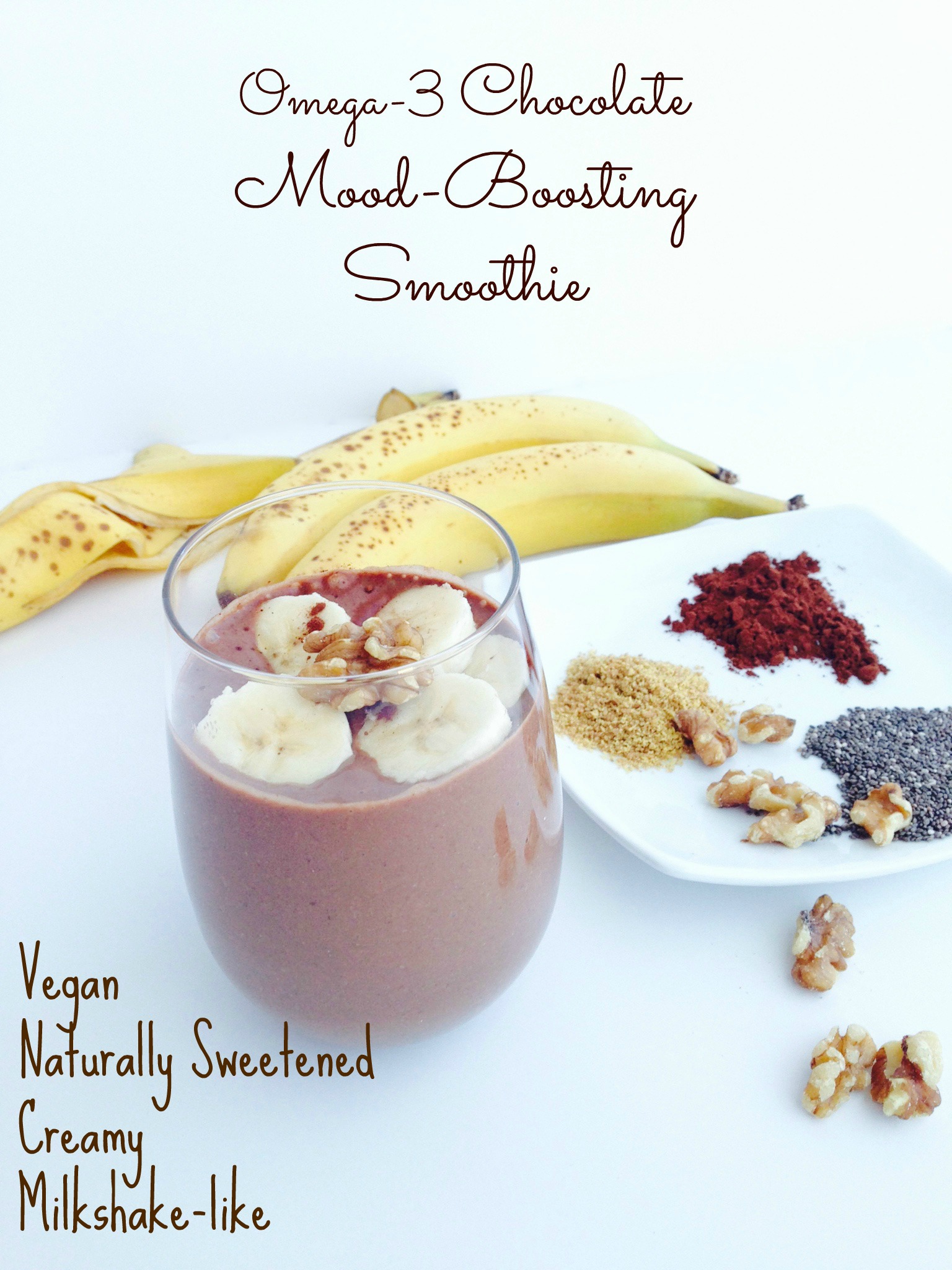 omega-3 chocolate mood-boosting smoothie with bananas cocoa walnuts flax chia