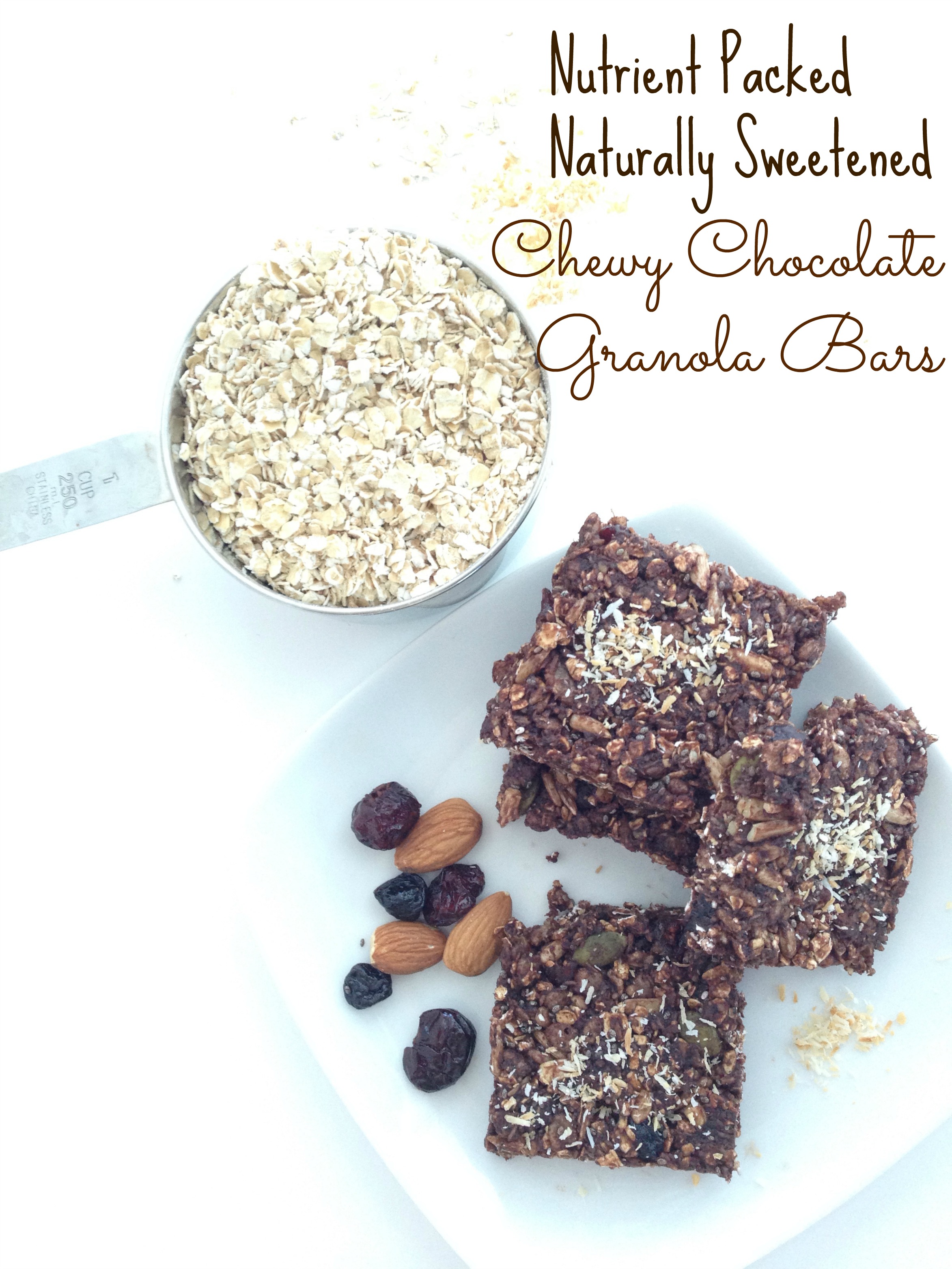 chewy brownie-like chocolate granola bars with toasted coconut and pumpkin sunflower and chia seeds