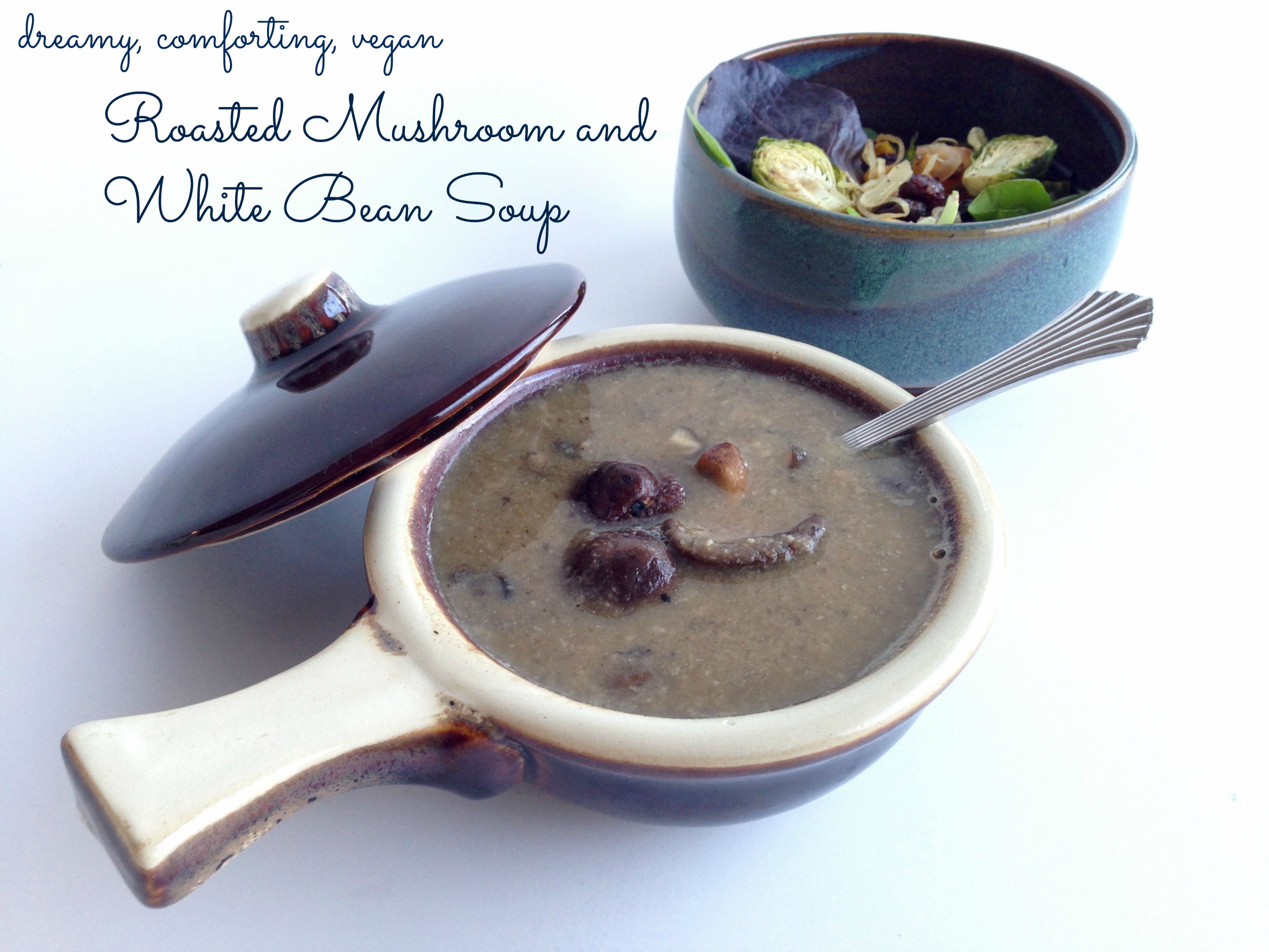 Vegan and Gluten free roasted mushroom and white bean soup with truffle oil shiitake and portobello mushrooms