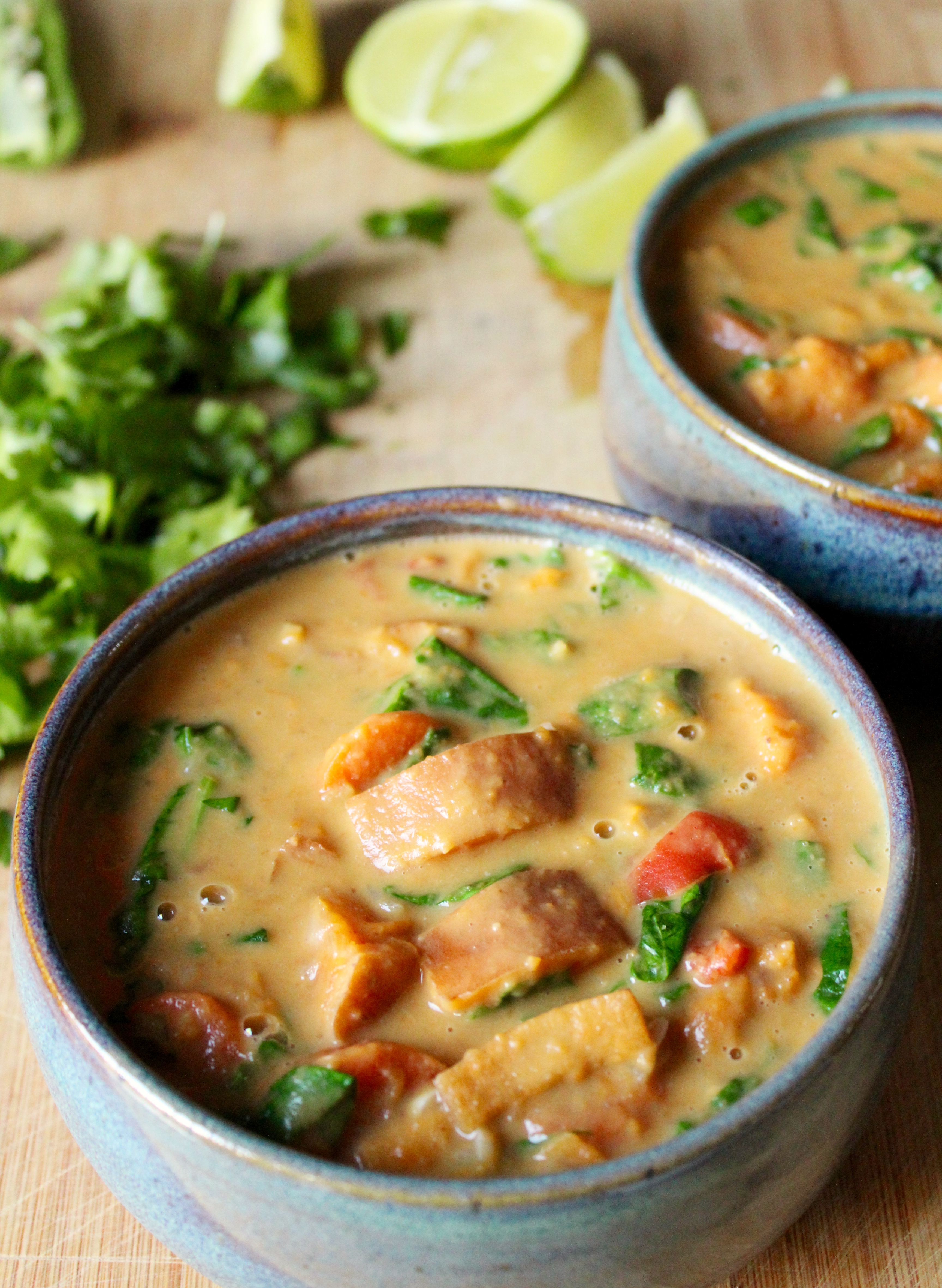 Sweet Potato and Peanut Stew with Spinach. Amazing on a cold night!