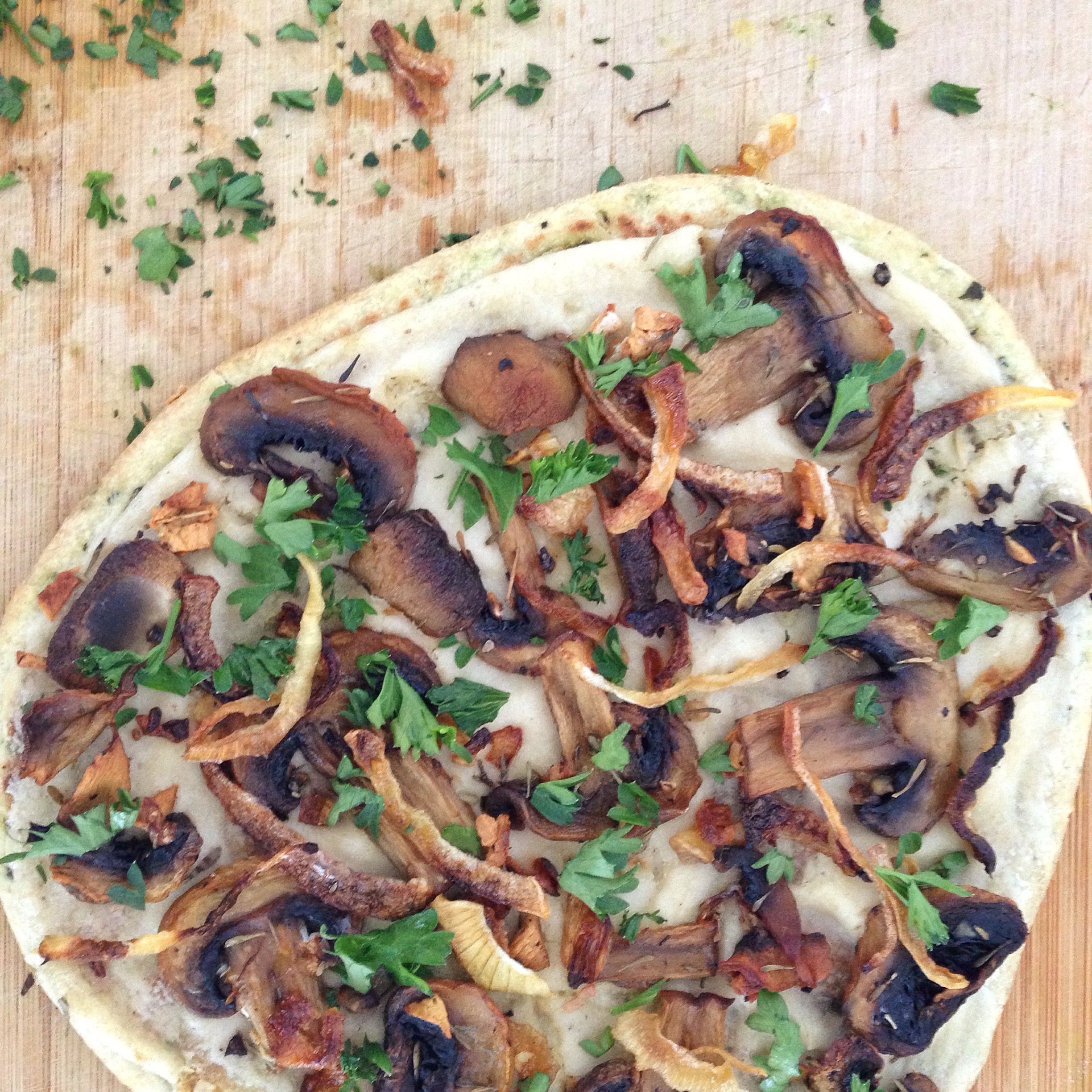 vegan vegetarian caramelized onion roasted mushroom flatbread with garlic cream sauce